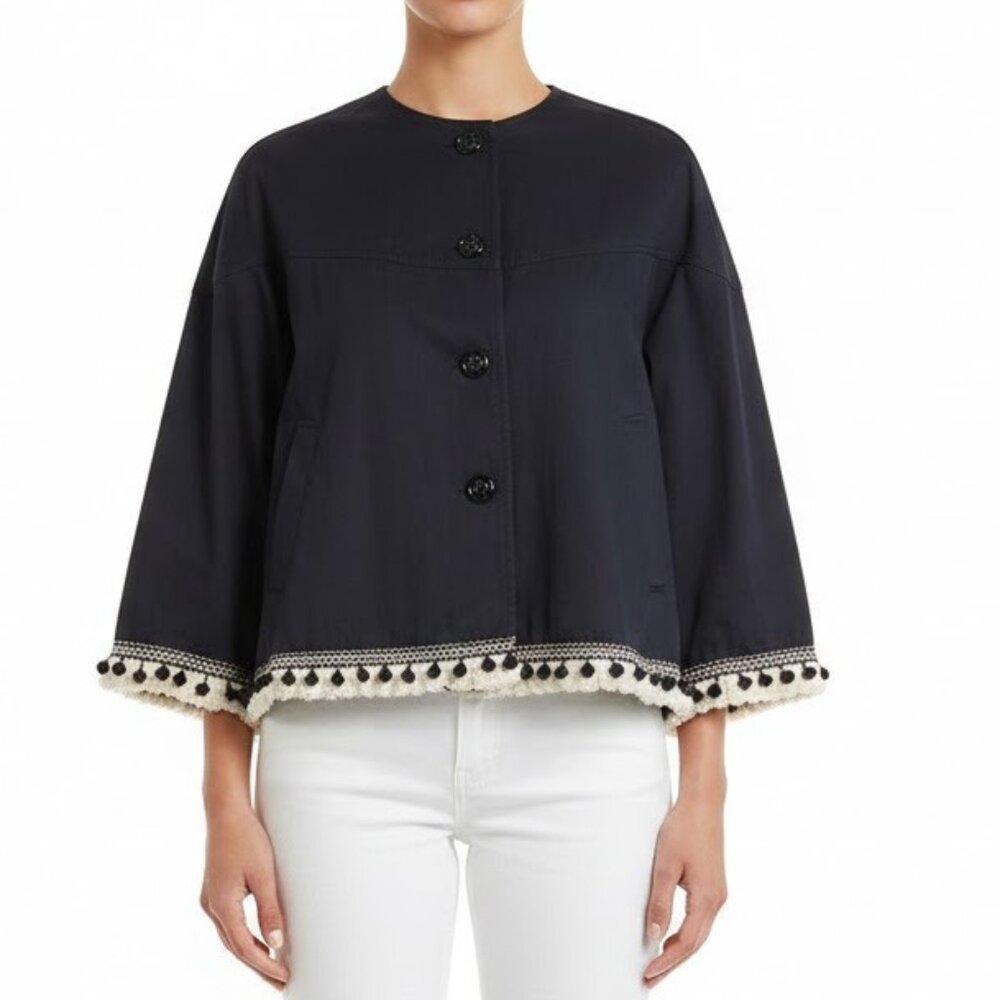 ZARA Navy Blue Cotton Boxy Jacket with Pom Pom Hem Details Medium